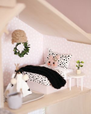 Bedroom kit 2 (Bed, Dotty with a touch of stars Bedding, Wreath, side table, lamp, throw and pouffe, plant and boho pendant)