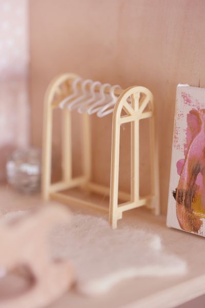Scale 1:12 miniature dollhouse clothes rail and hangers by The Tiny Dollhouse SA