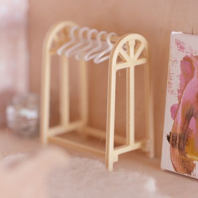 Scale 1:12 miniature dollhouse clothes rail and hangers by The Tiny Dollhouse SA