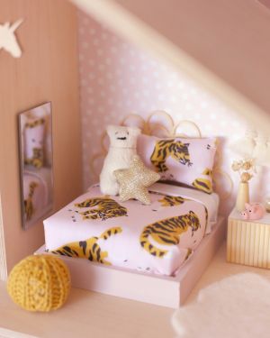 Bedroom kit 7 (Bed, Pink Tiger Bedding, Boho Bedside cube, throw, pouffe, plant and starry scatter)