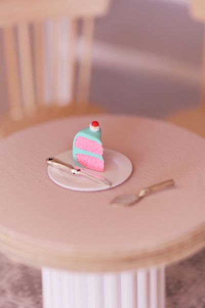 Dollhouse miniature cake slice, knife and plate