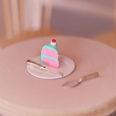 Dollhouse miniature cake slice, knife and plate